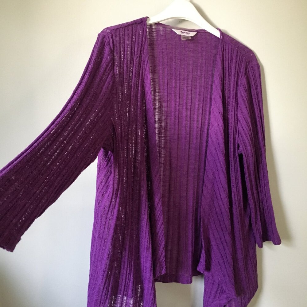 TanJay Purple Ribbed Mesh Knit Open Waterfall Cardigan Large - Picture 3 of 11